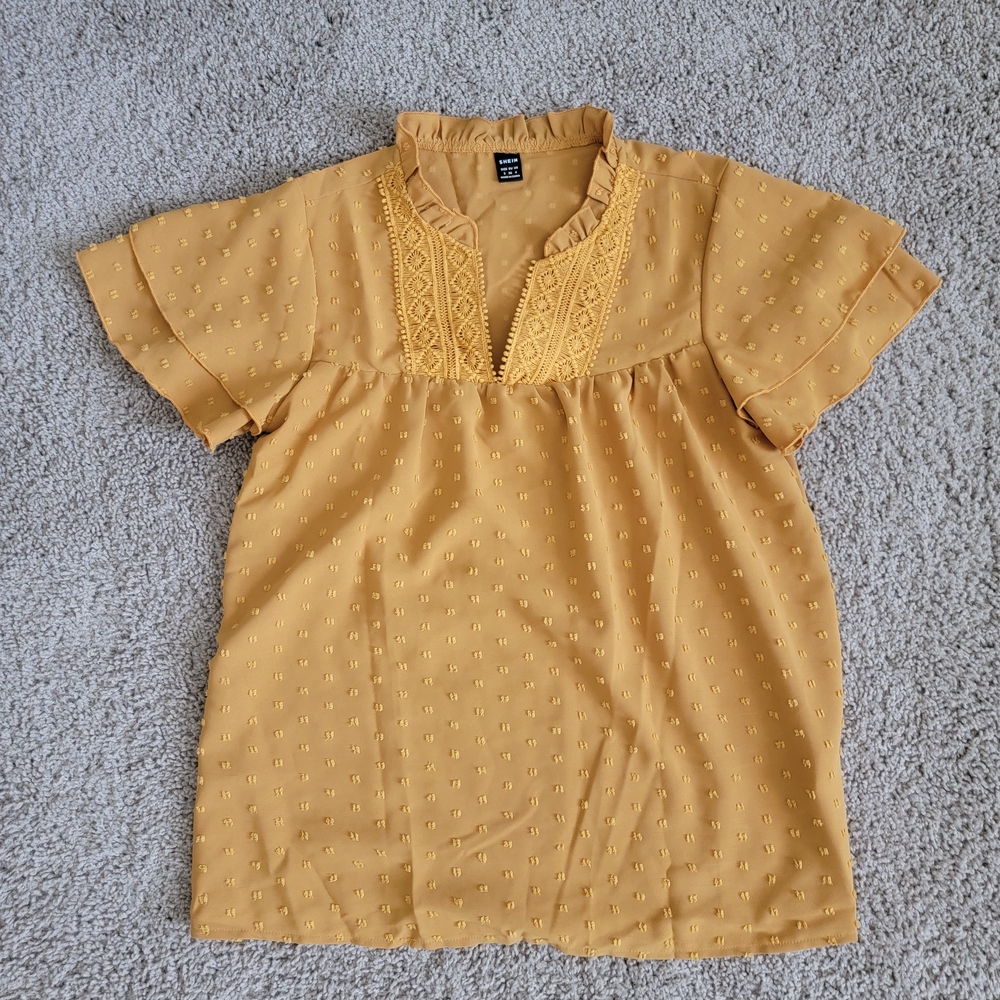 SHEIN Yellow Pleated Flutter Sleeve Blouse